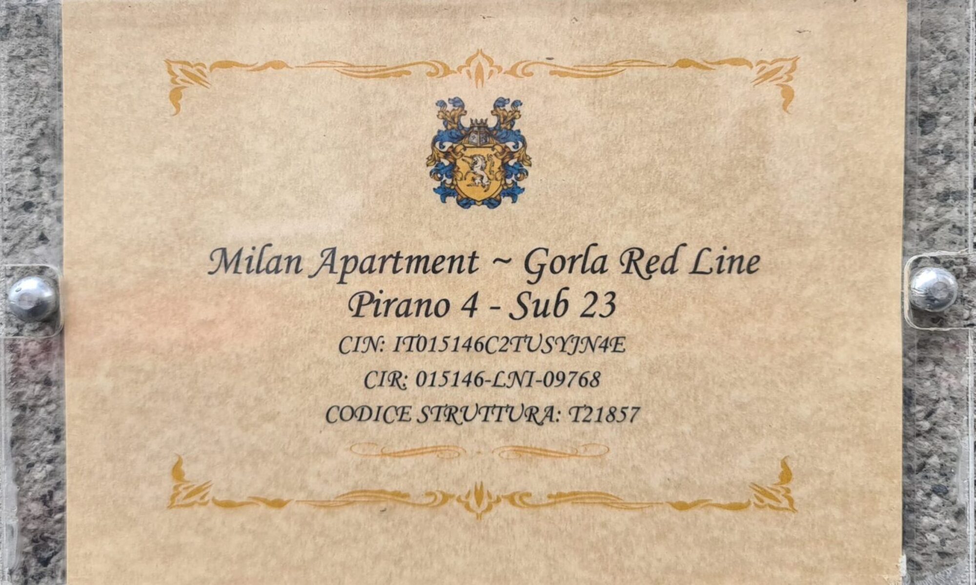 Immagine Targa Esterna Registrazione nell'elenco dei codici CIR e codici Struttura della Regione Lombardia e Codice CIN Ministero del Turismo: CIN: IT015146C2TUSYJN4E CIR: 015146-LNI-09768 DENOMINAZIONE STRUTTURA: Pirano 4 Sub 23 INDIRIZZO: VIA PIRANO 4 - 20127 COMUNE: Milano REGIONE: Lombardia PROVINCIA: Milano