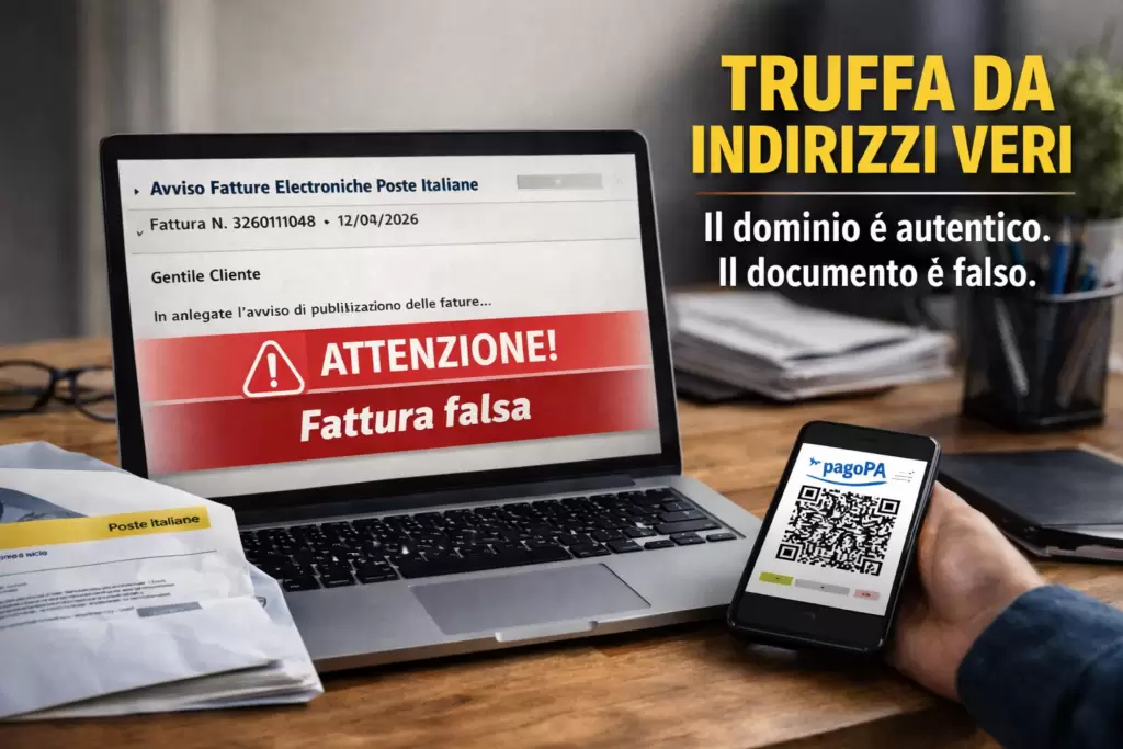 Fotografia realistica di una scrivania in legno con un computer portatile aperto. Sullo schermo è visibile una email che segnala la pubblicazione di una fattura elettronica e un grande avviso rosso con scritto “ATTENZIONE – Fattura falsa”. Accanto al computer una mano tiene uno smartphone con un QR code di pagamento. Sul tavolo è presente anche una busta postale. L’immagine illustra una truffa informatica in cui un messaggio autentico contiene un documento fraudolento.